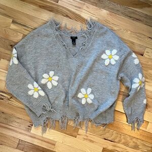Rue 21+ Grey Cropped Long Sleeve Distressed Daisy Sweater